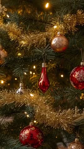Drifting vertical video filming Christmas tree with swaying red baubles golden tinsel warm lights