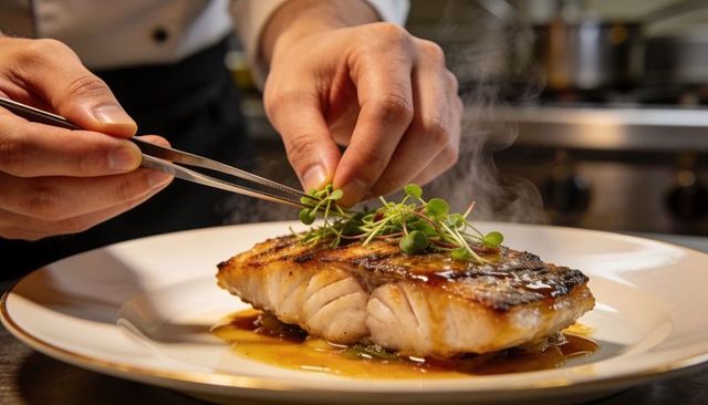 Chef placing microgreens on glazed grilled fish fillet with steam for gourmet plating