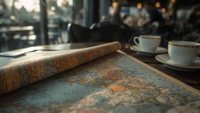 Vintage rolled world map featuring steaming porcelain cups on cozy cafe table