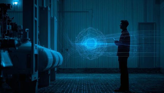 Engineer studying holographic data sphere in industrial plant with tablet and blue glow