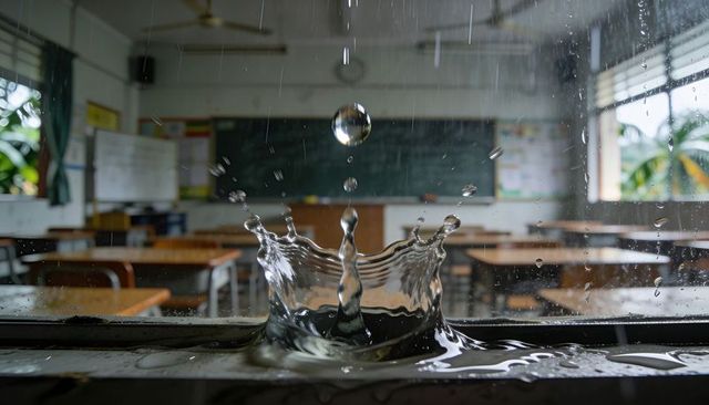 Rain droplet forming crown splash on classroom windowsill with blurred chalkboard desks