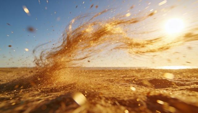 Golden sand plume arcing across sunlit shoreline backlighting glittering airborne particles