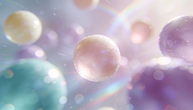 Glowing pearlescent spheres floating in pastel bokeh light with crystalline sparkle
