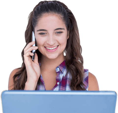 Smiling young woman on phone and tablet, transparent background