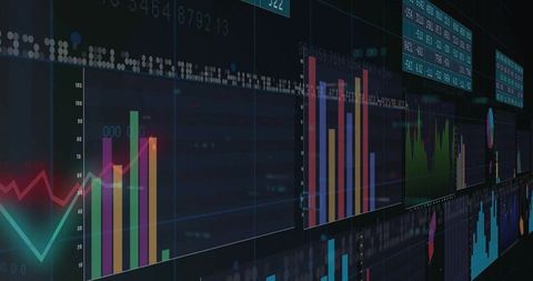 Neon analytics dashboard displaying interactive bar, line and tile data visualizations