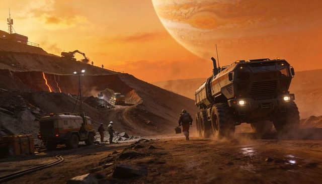 Six-wheel heavy transport kicking up dust on extraterrestrial mining plain beneath gas giant sunset