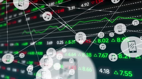 Digital Network Icons Overlaying Stock Market Screen