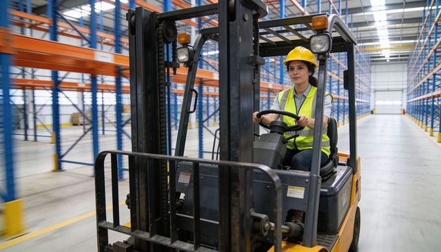 Driving female forklift operator navigating warehouse aisle wearing hardhat and vest