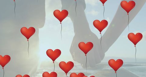 Romantic Holding Hands with Heart Balloons Background