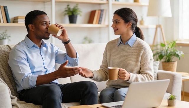 Couple discussing remote work and sharing coffee on cozy living room sofa with laptop