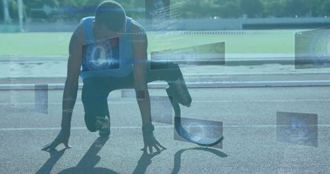 Athlete with prosthetic leg amidst futuristic tech display