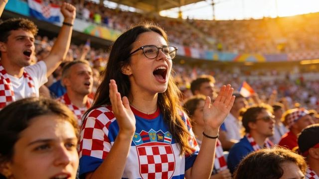 Cheering croatian football fan wearing glasses and checkered jersey in packed stadium