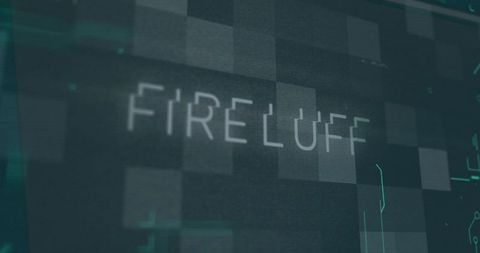 Displaying futuristic teal ui with pixel mosaic, circuitry and glowing fireluff text