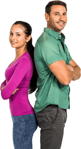 Smiling couple standing back to back transparent background