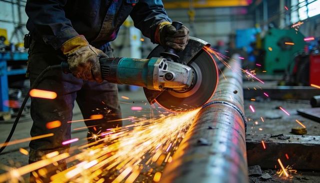 Industrial fabricator grinding steel pipe with angle grinder and flying sparks