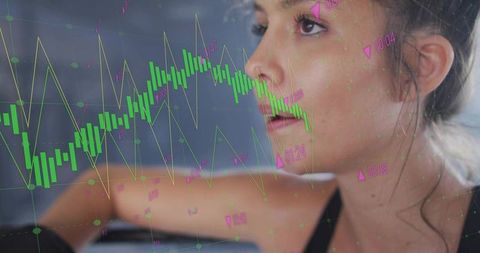 Young woman analyzing finance candlestick charts overlaid on gym portrait for fintech brand