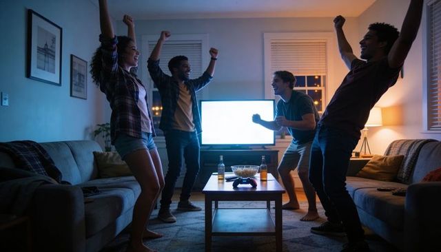 Friends cheering and celebrating after console win in cozy living room night hangout