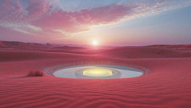 Glowing Sunken Pool in Pink Desert at Sunset