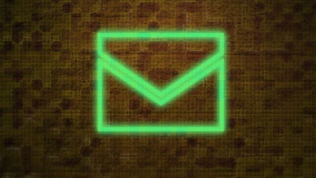 Neon mail icon glows brightly on a brown textured background. Ideal for illustrating digital communication concepts, email marketing tools, or modern tech interfaces. This image suits websites, blogs, and multimedia projects related to online communication, stylish presentations, and creative marketing materials.