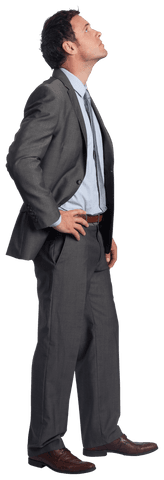 Confident Businessman in Gray Suit Posing with Hand on Hip on Transparent Background