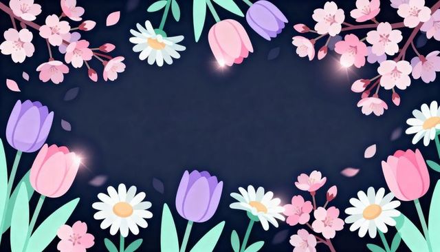 Framing spring floral border with pink and purple tulips, white daisies and cherry blossoms