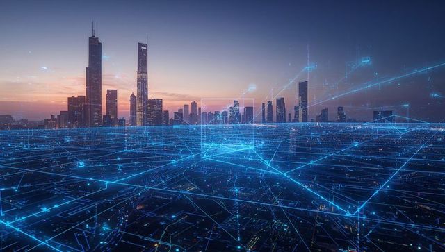 Futuristic Cityscape with Holographic Network Grid at Dusk