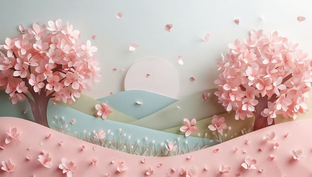 Pastel paper blossom meadow sunrise diorama with cherry trees, petals, layered hills