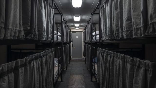 Industrial ship berthing dormitory corridor with metal bunk beds and curtains