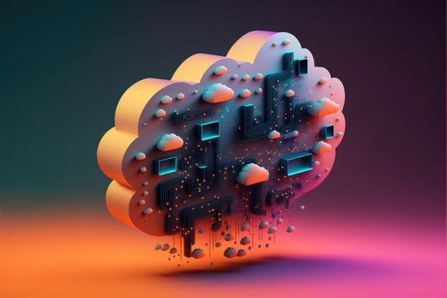Digital cloud with computer circuit board on neon background, created using generative ai technology. Cloud computing and data processing concept digitally generated image.