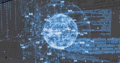 Holographic Data Globe Projecting Network Visualization, Glowing Nodes and Code Overlay