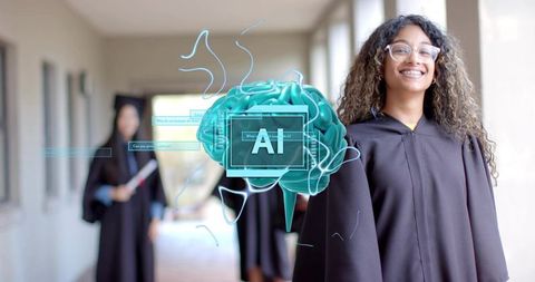Smiling female graduate standing with holographic AI brain representing education and future