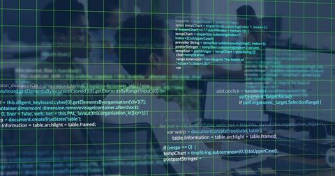 Displaying Holographic Green Grid with Floating Code and UI Panels in Cyber Workspace