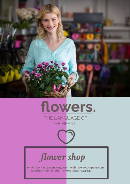 Happy Woman Holding Flower Basket Advertising Florist Shop - Download Free Stock Templates Pikwizard.com