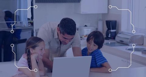 Father guiding children on laptop at kitchen island, family learning and tech bonding