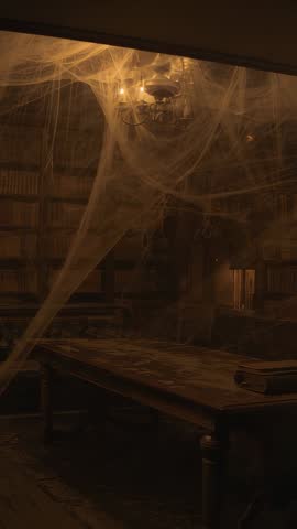 Flickering Chandelier and Cobwebs Drifting Through Abandoned Gothic Library — Vertical Clip