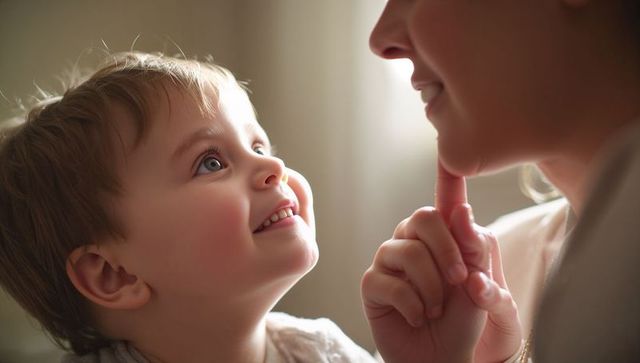 Tender toddler touching mother's chin while gazing up, backlit warm family moment