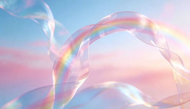 Iridescent sheer ribbon curling across pastel sky with rainbow glow