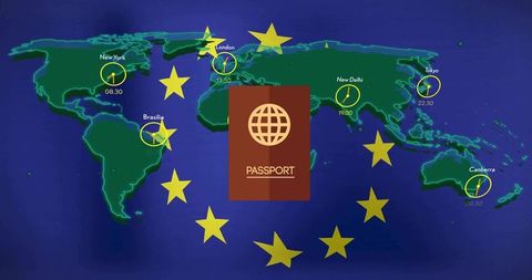 Passport graphic over neon world map with timezone clocks and european stars overlay