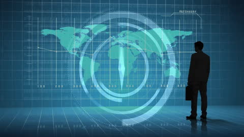 Businessperson Analyzing Digital World Map with Radar Animation