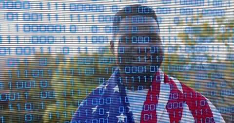 Patriotic black man wearing shades draped in american flag with binary code overlay