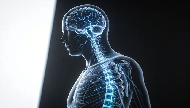 Translucent torso showing glowing brain and spinal cord with neural pathways 3d medical