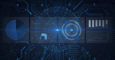 Futuristic Holographic Data Dashboard with Rotating Radar Rings and Global Analytics