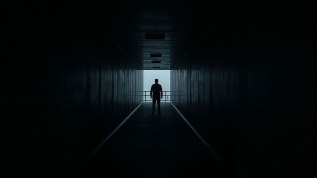 Silhouette of Man Walking Toward Bright Corridor Exit