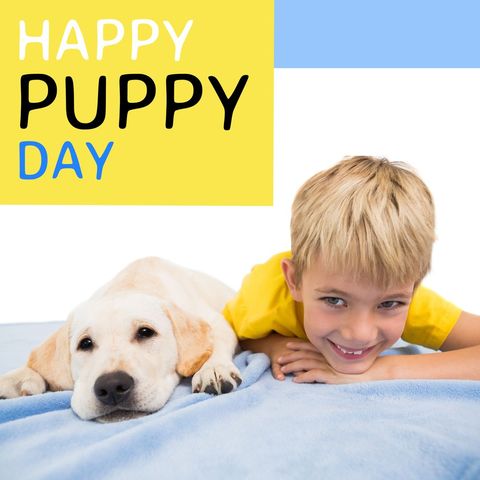 celebrating happy puppy day with smiling boy and labrador - Download Free Stock Templates Pikwizard.com