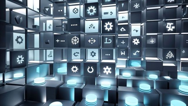 Futuristic metallic grid with glowing digital icons