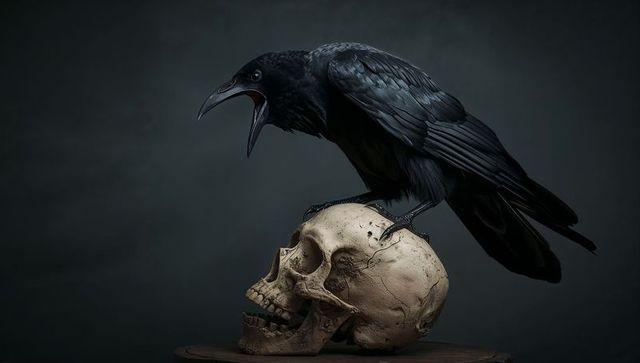 Perching raven cawing on human skull, gothic dark still life with talons and feathers