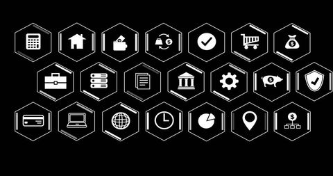 Set of finance and commerce icons on black hexagonal background