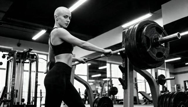Bald female athlete gripping loaded barbell, showing strength and focused determination