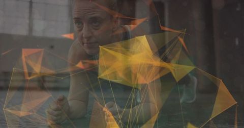 Woman holding plank with creative digital overlay in gym