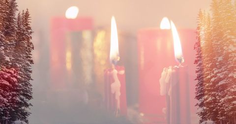 Cozy Winter Scene with Candles and Snowy Trees - Download Free Stock Images Pikwizard.com